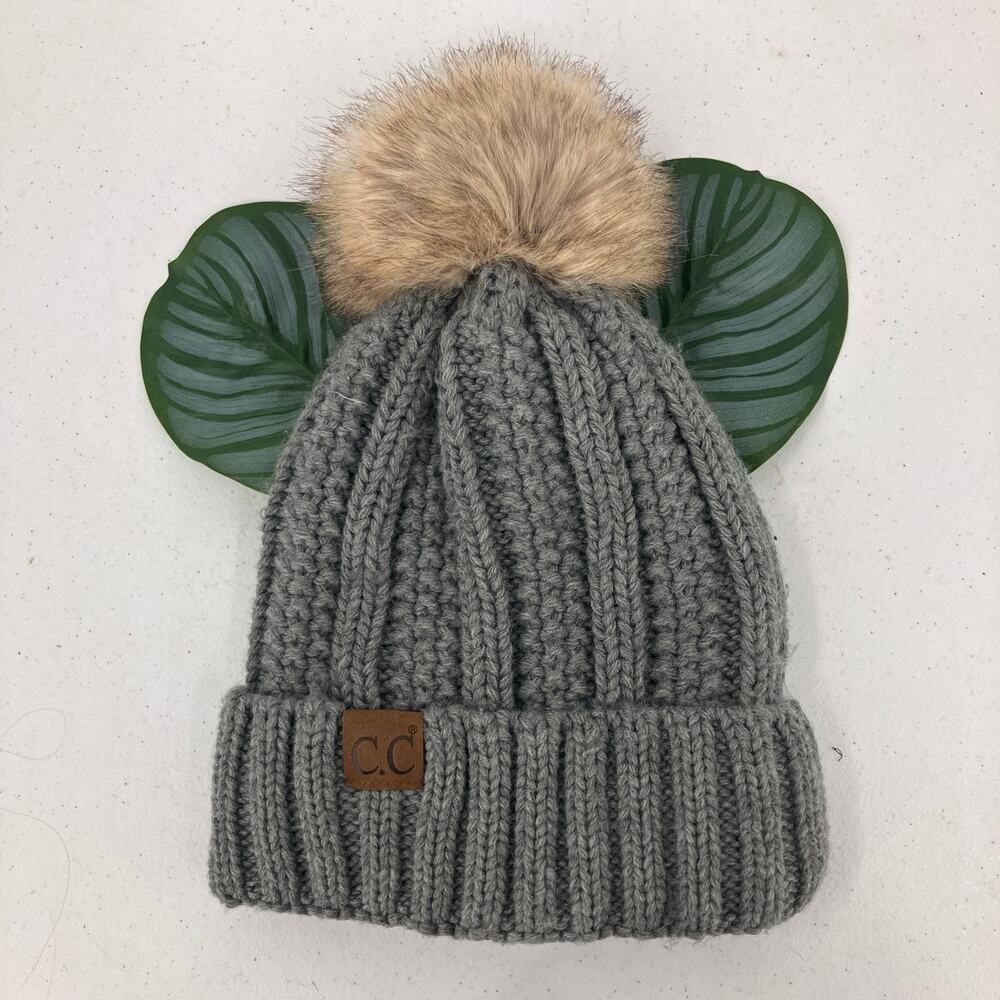C.C Exclusives Gray Cable Knit Faux Fur Pom Cuff Faux Sherpa Lined Beanie Hat